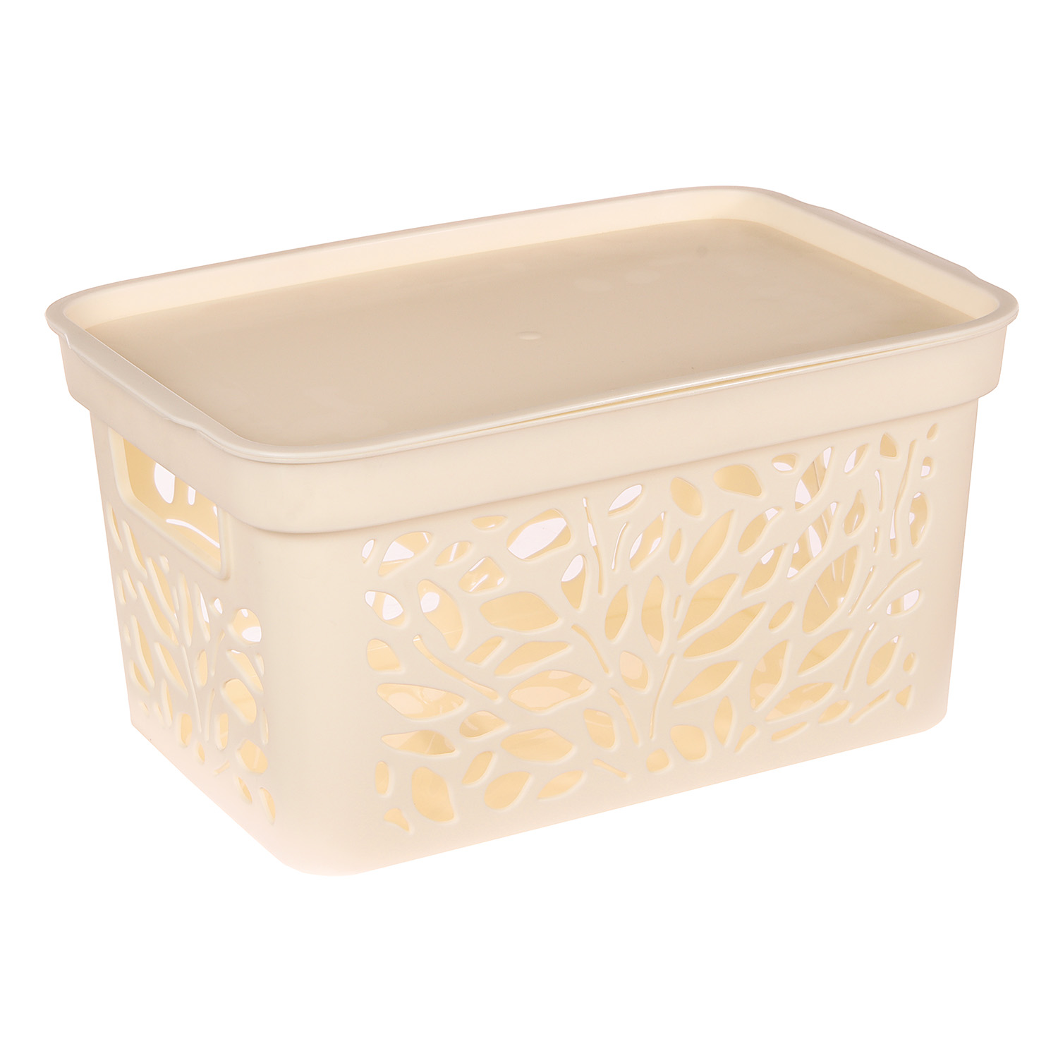 Корзина для хранения пластм. "Leaves" 333х225х174мм с Крышкой 10л Молочный 837("Полимербыт") *1/12 Корзина для хранения пластм. "Leaves" 333х225х174мм с Крышкой 10л Молочный 837("Полимербыт") *1/12