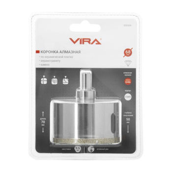 Коронка алмазная по керамике VIRA 68 мм, трехгранный хвостовик