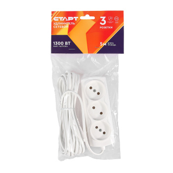 Удлинитель 3 розетки 5м б/з ШВВП 2*0,75мм2 6А мощ.нагр 1300Вт СТАРТ *1/35