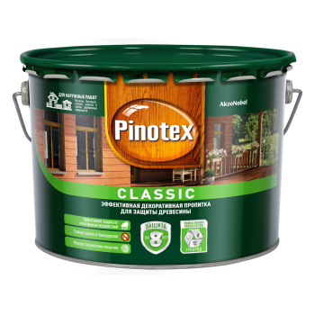 Защитно-декоративное покрытие Pinotex Classic, для древесины, 9 л, бесцветный