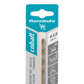 Сверло по металлу 5,00*86/52мм HSS-Co P6M5К5 (1шт) блистер арт.668050 COBALT RENNBOHR *10/40/640