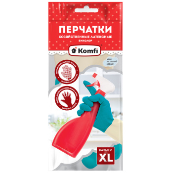 Перчатки латексные Удлиненные "БИКОЛОР" Бежевый/Бирюзовый 1пара р-р "XL" BICOLO8 "Komfi" *12/144